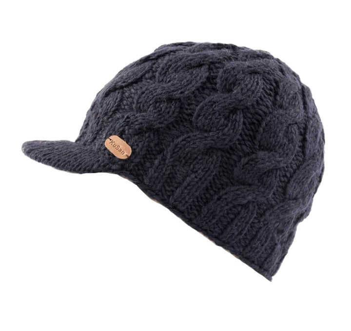 Kusan Cable Knit Peaked Beanie Cap Navy