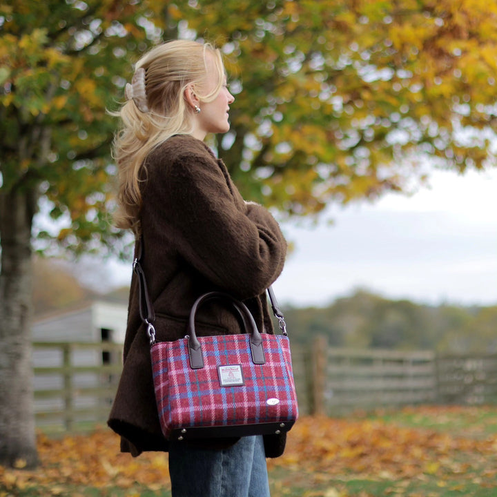 Glen Appin Harris Tweed Brora Tote Handbag Rust Red with Blue Overcheck