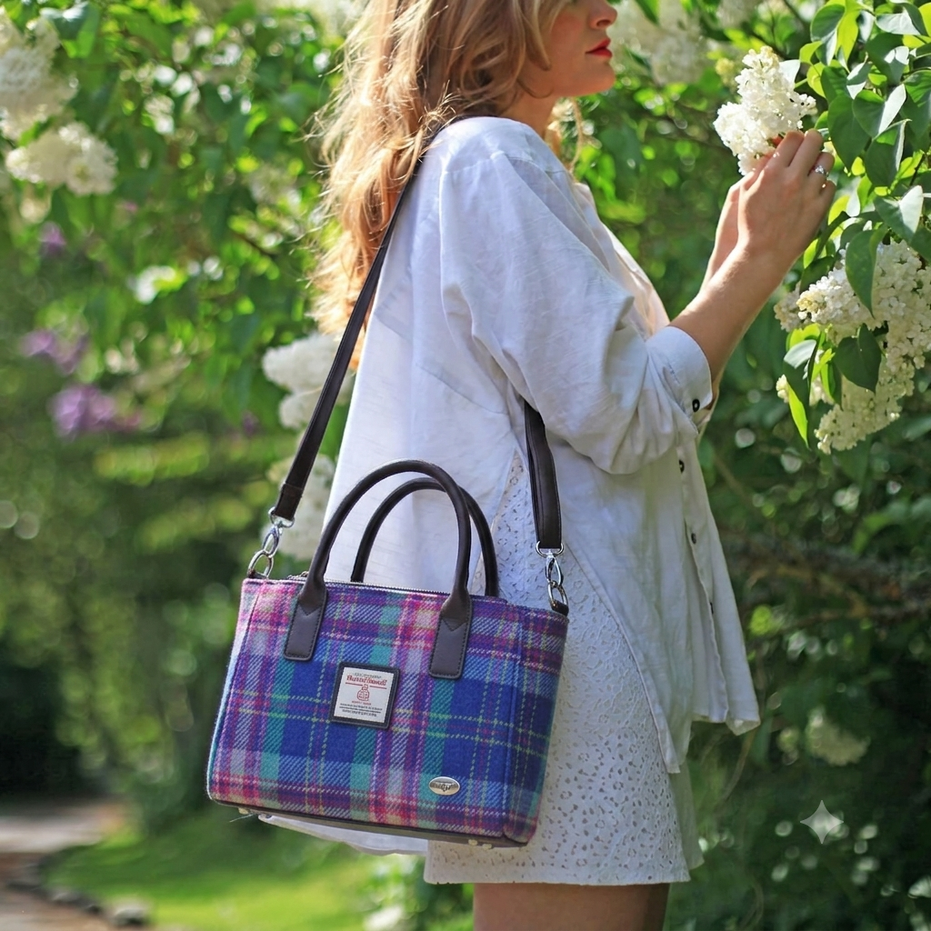 Glen Appin Harris Tweed Brora Tote Handbag  Blue & Teal Tartan
