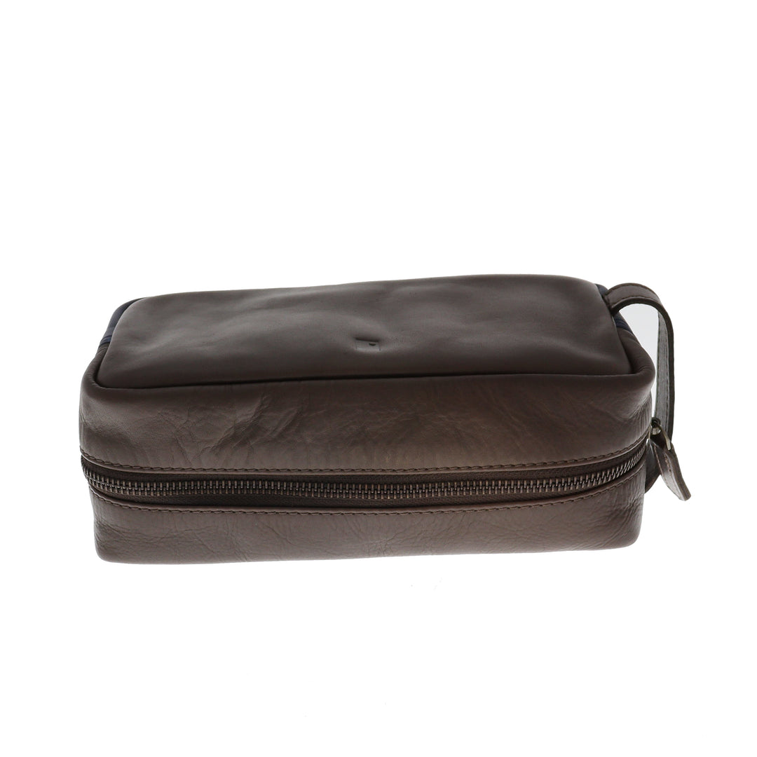 Premium Leather Colour Block Washbag Brown