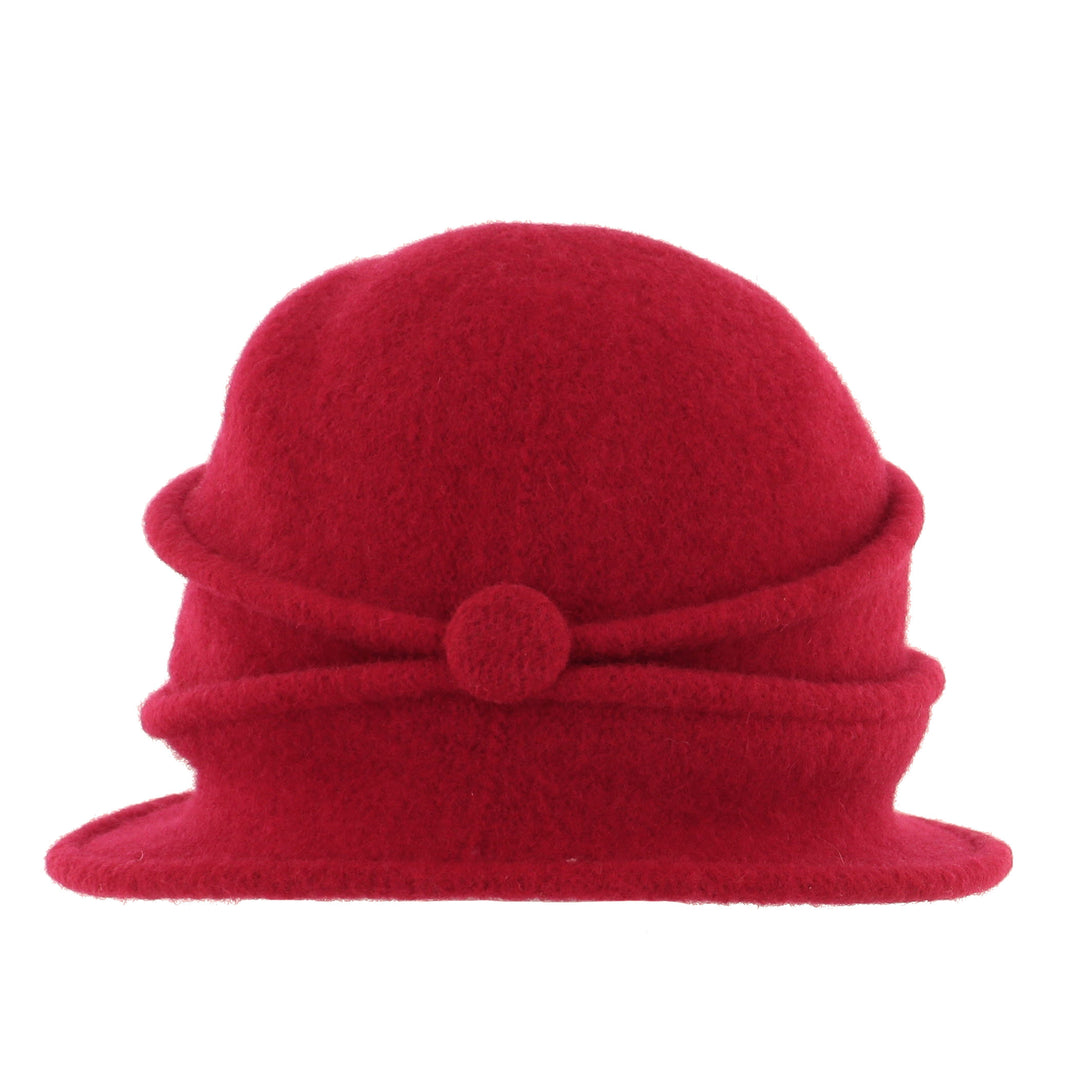 Women's Berry Red Button Ribbed Wool Pull On Cloche