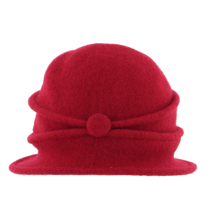 Women's Berry Red Button Ribbed Wool Pull On Cloche