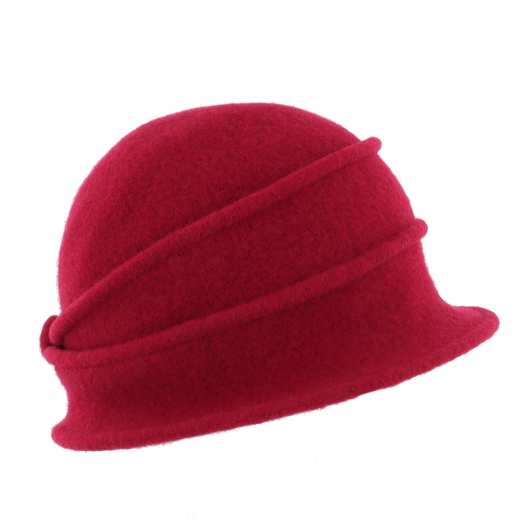 Women's Berry Red Button Ribbed Wool Pull On Cloche