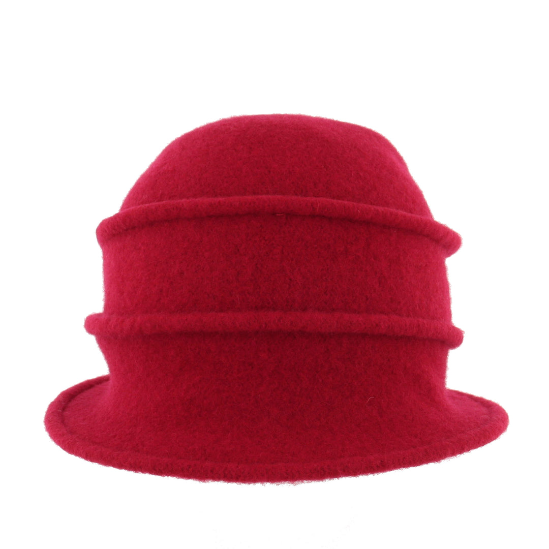 Women's Berry Red Button Ribbed Wool Pull On Cloche