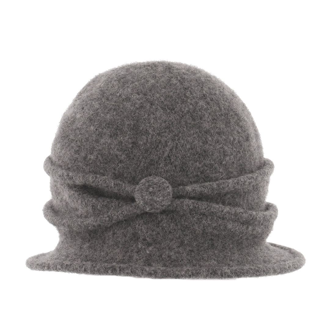 Women's Grey Button Ribbed Wool Pull On Cloche