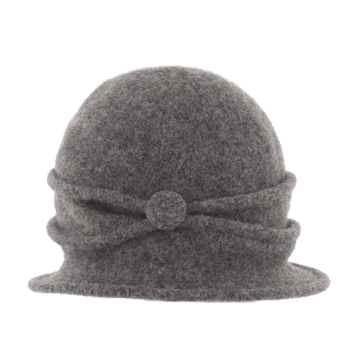 Women's Grey Button Ribbed Wool Pull On Cloche
