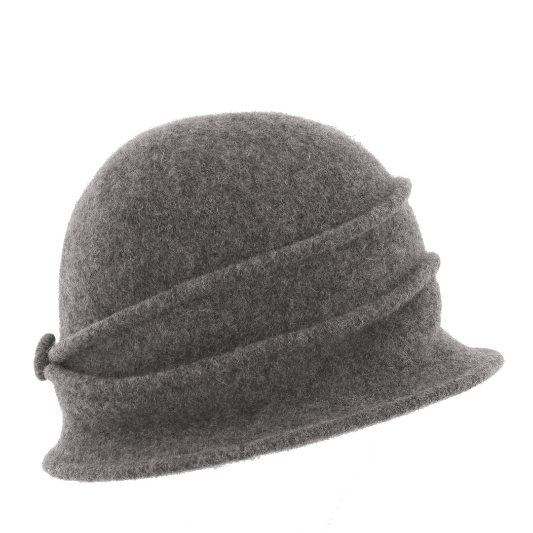 Women's Grey Button Ribbed Wool Pull On Cloche