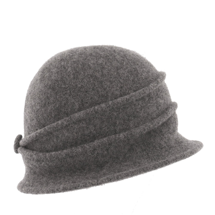 Women's Grey Button Ribbed Wool Pull On Cloche