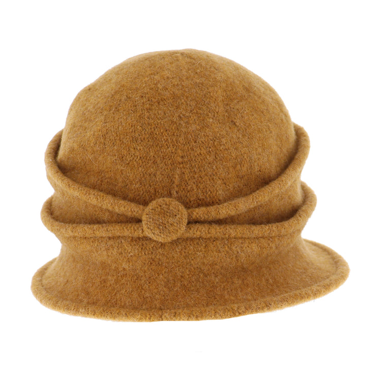Women's Mustard Button Ribbed Wool Pull On Cloche