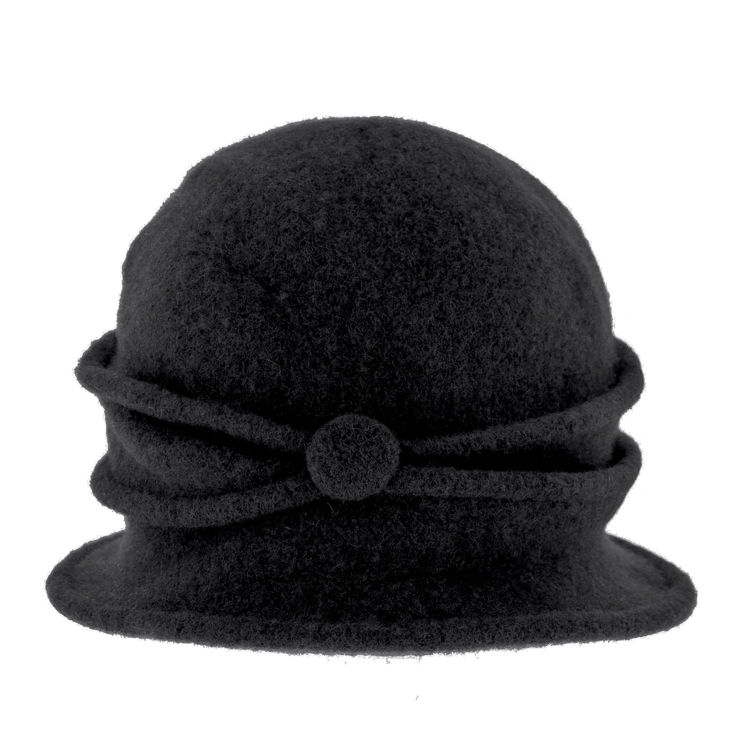 Women's Black Button Ribbed Wool Pull On Cloche