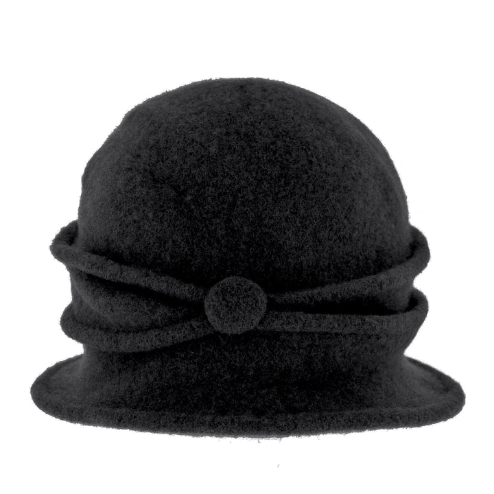 Women's Black Button Ribbed Wool Pull On Cloche
