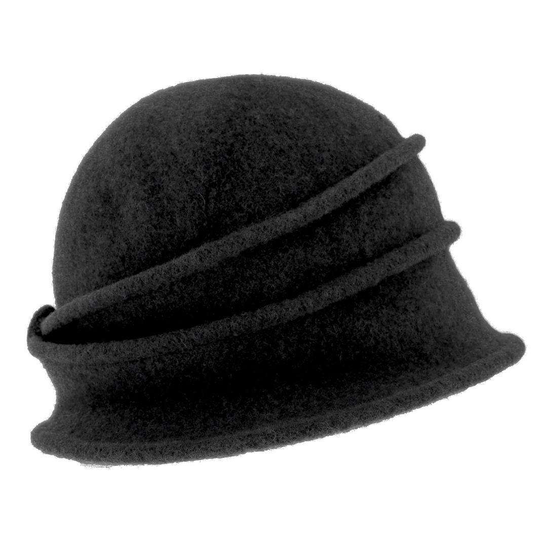Women's Black Button Ribbed Wool Pull On Cloche
