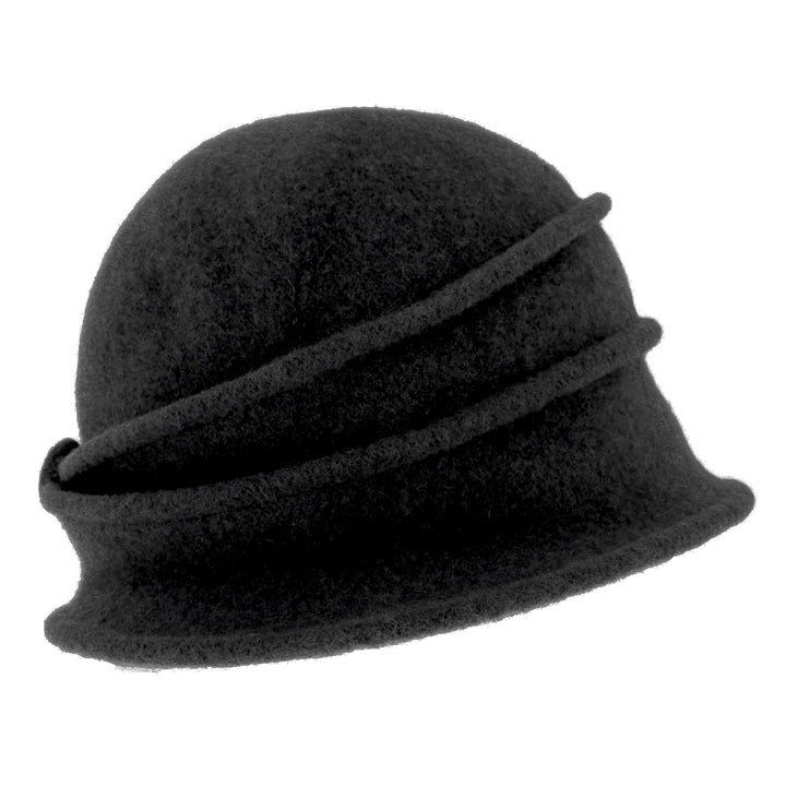 Women's Black Button Ribbed Wool Pull On Cloche