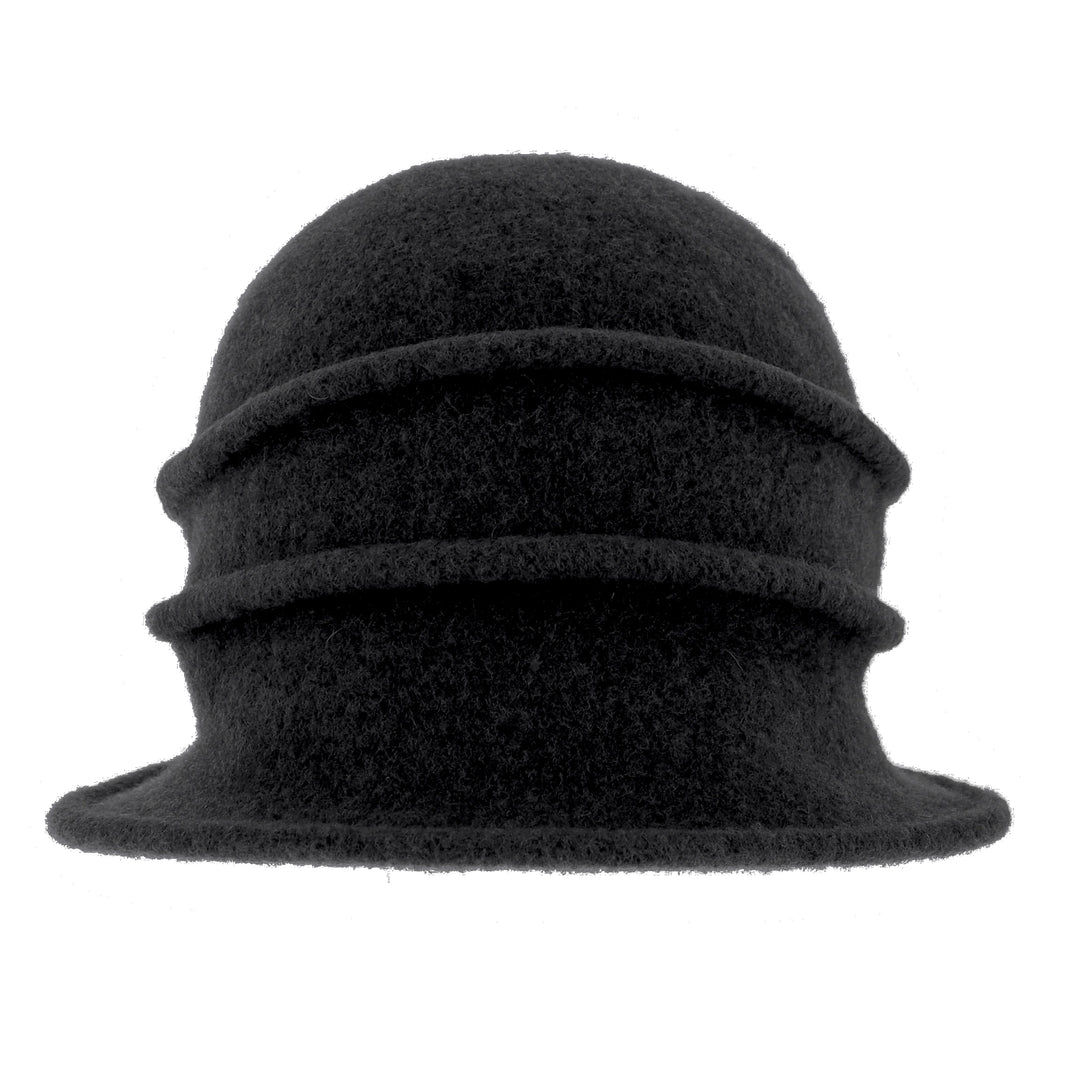 Women's Black Button Ribbed Wool Pull On Cloche