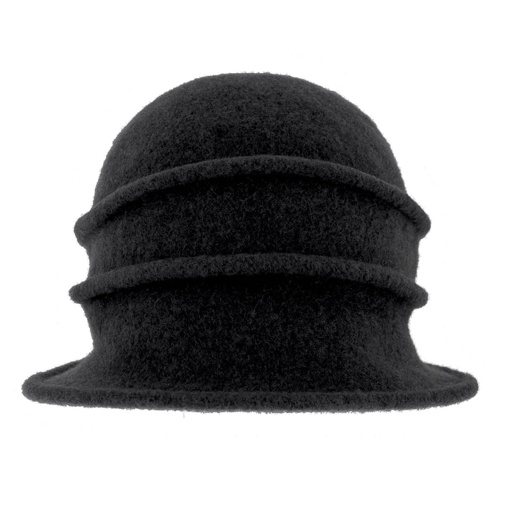 Women's Black Button Ribbed Wool Pull On Cloche