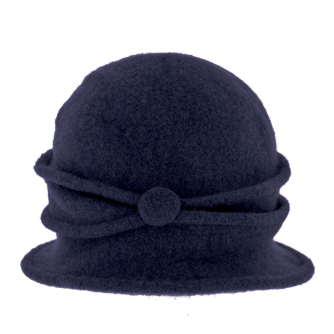 Women's Navy Button Ribbed Wool Pull On Cloche