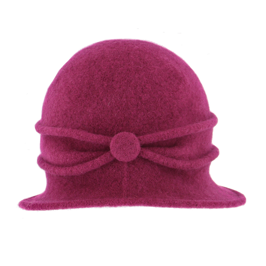 Women's Pink Button Ribbed Wool Pull On Cloche