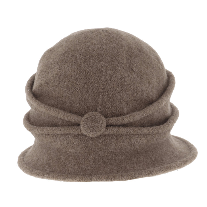 Women's Taupe Button Ribbed Wool Pull On Cloche