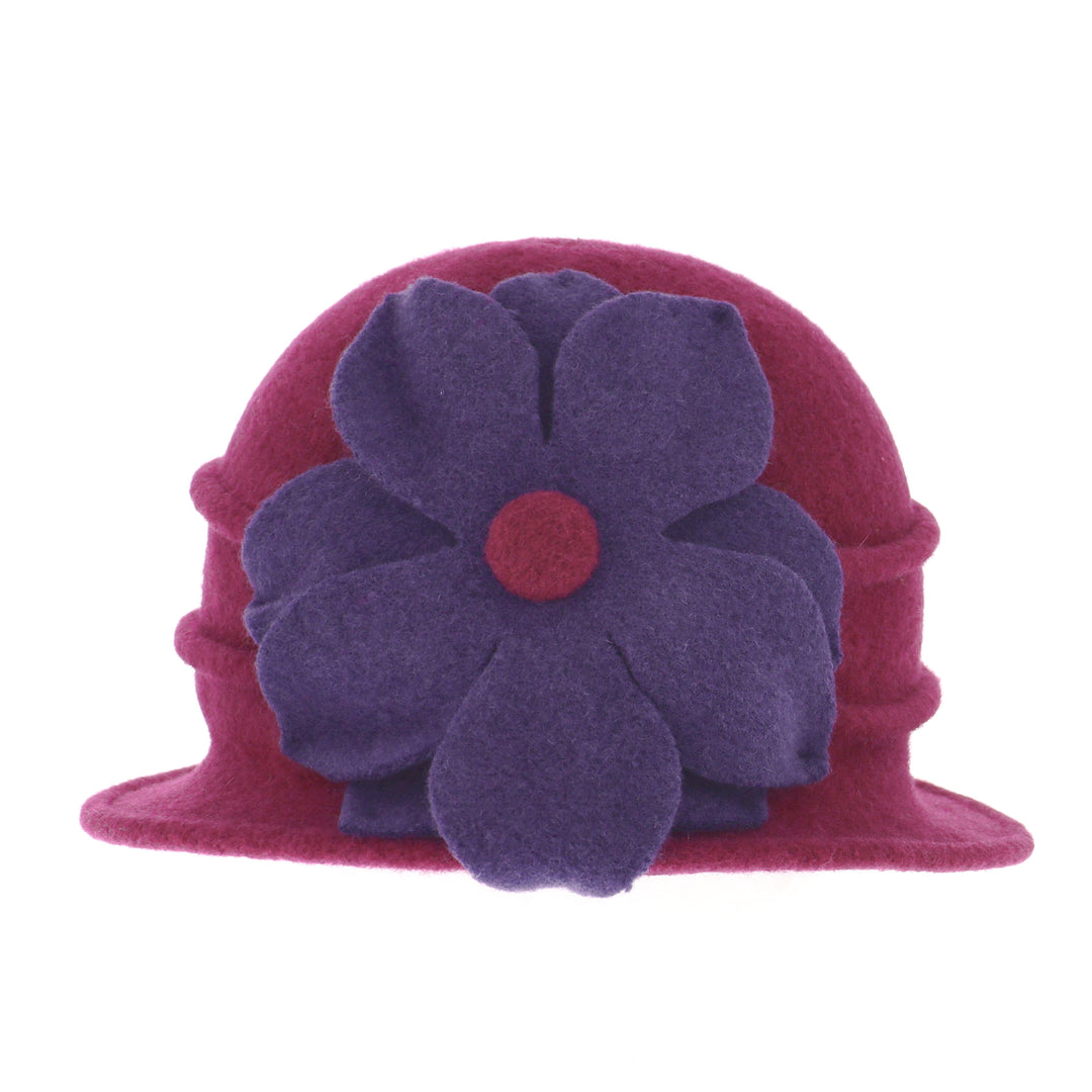 Pink & Purple Pure New Wool Flower Pull On Cloche Hat