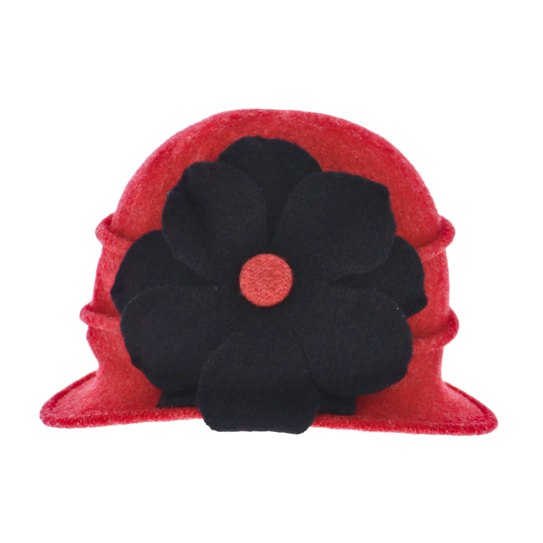 Flame Red Pure New Wool Flower Pull On Cloche Hat