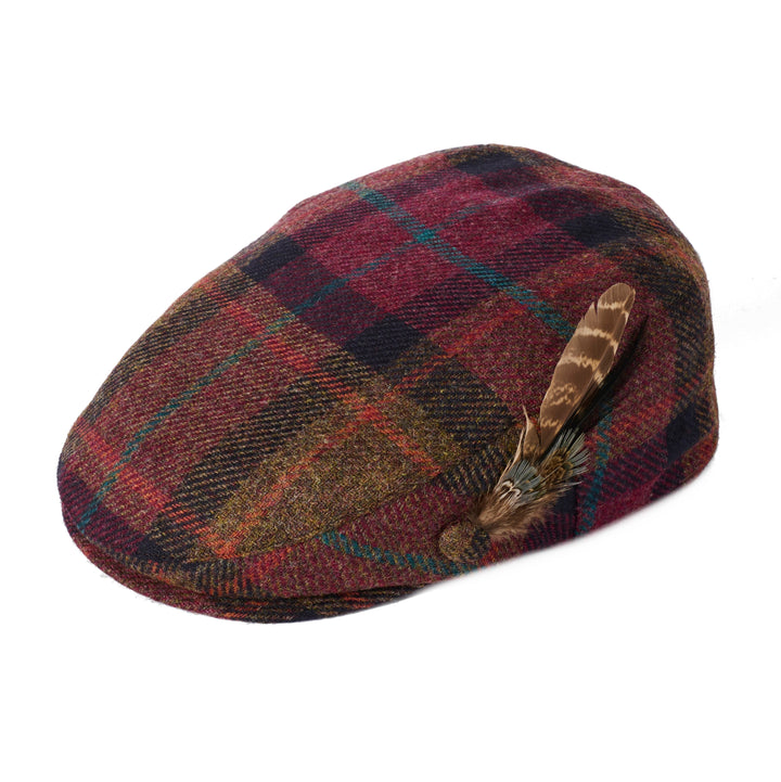 Failsworth Ladies Country Flat Cap With Feather In Damson Tweed