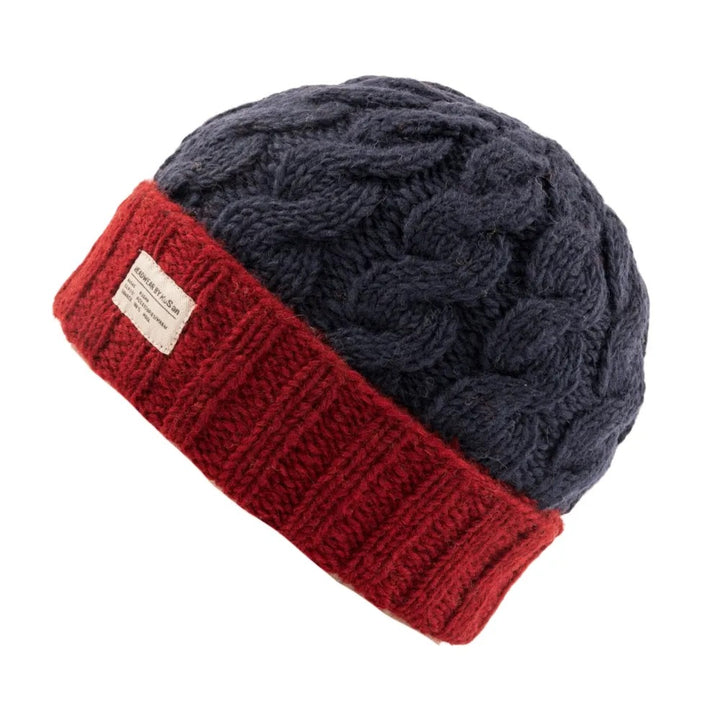 Kusan Cable Knit Turn-Up Beanie Hat Navy/Red