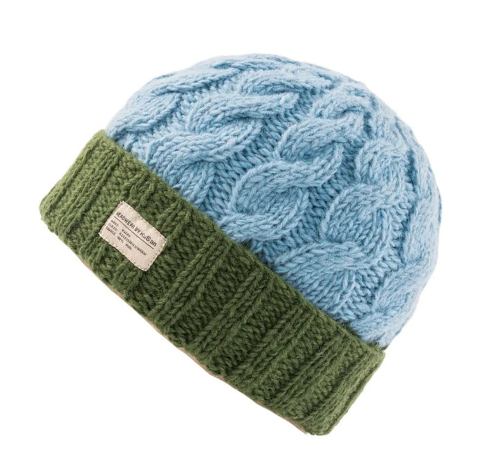 Kusan Cable Knit Turn-Up Beanie Hat Sky/Green