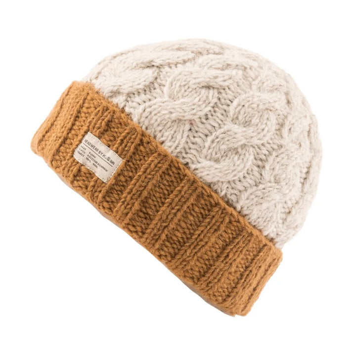 Kusan Cable Knit Turn-Up Beanie Hat Cream/Toffee
