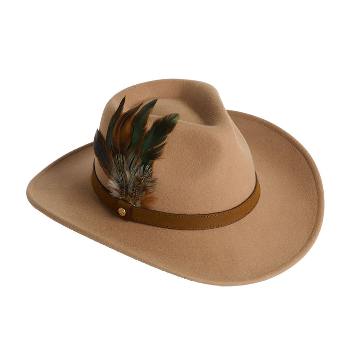 Failsworth Ladies Wool Fedora Hat With Feather in Camel