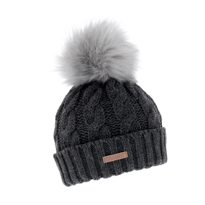 Sabbot Linda Cable Knit Faux Fur Bobble Hat Charcoal