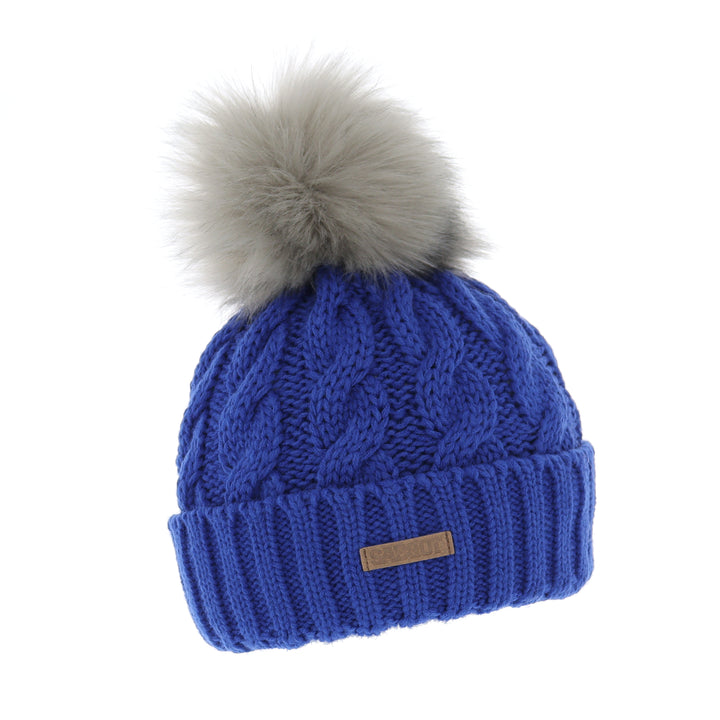 Sabbot Linda Cable Knit Faux Fur Bobble Hat Cobalt