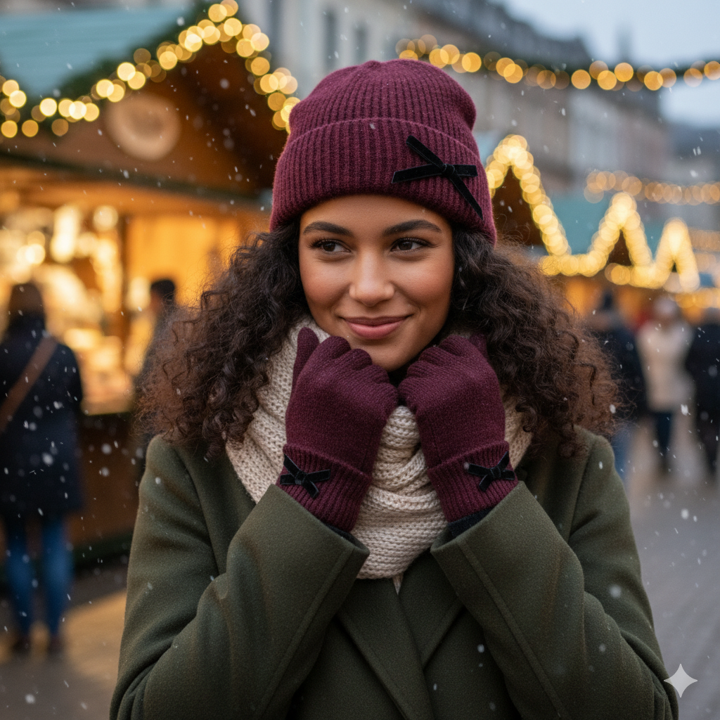 Coco Beanie Hat With Black Bow in Burgundy