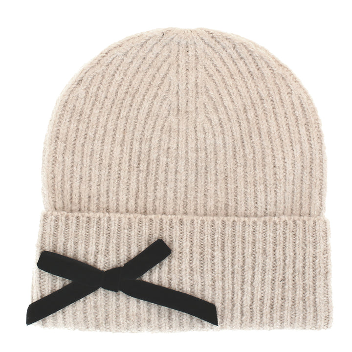 Coco Beanie Hat With Black Bow in Natural