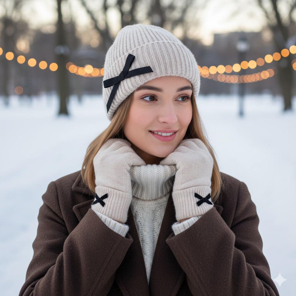 Coco Beanie Hat With Black Bow in Natural