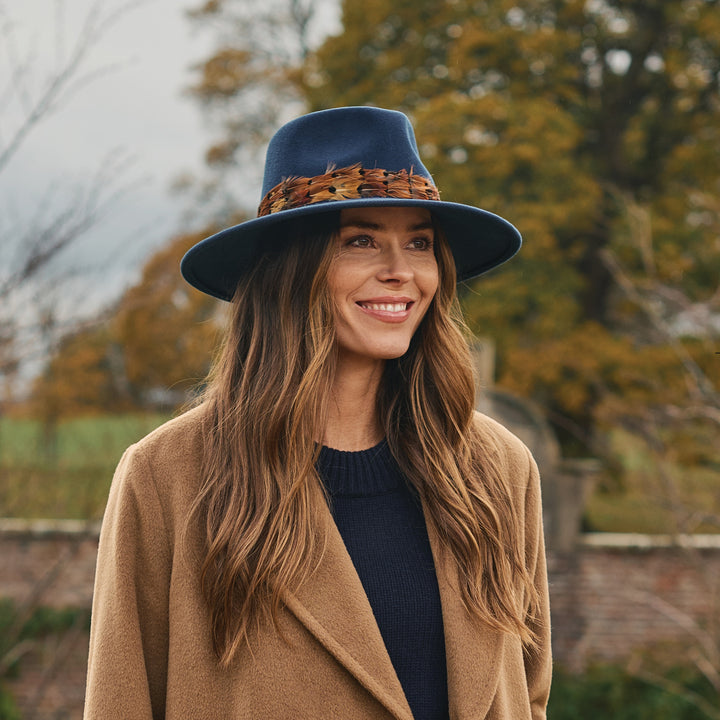 Failsworth Women's Wool Fedora Hat With Feather Band in Navy