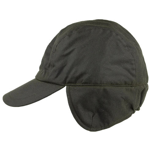 Failsworth Waxed Cotton Lumber Baseball Cap with Fold Down Earflap in Olive