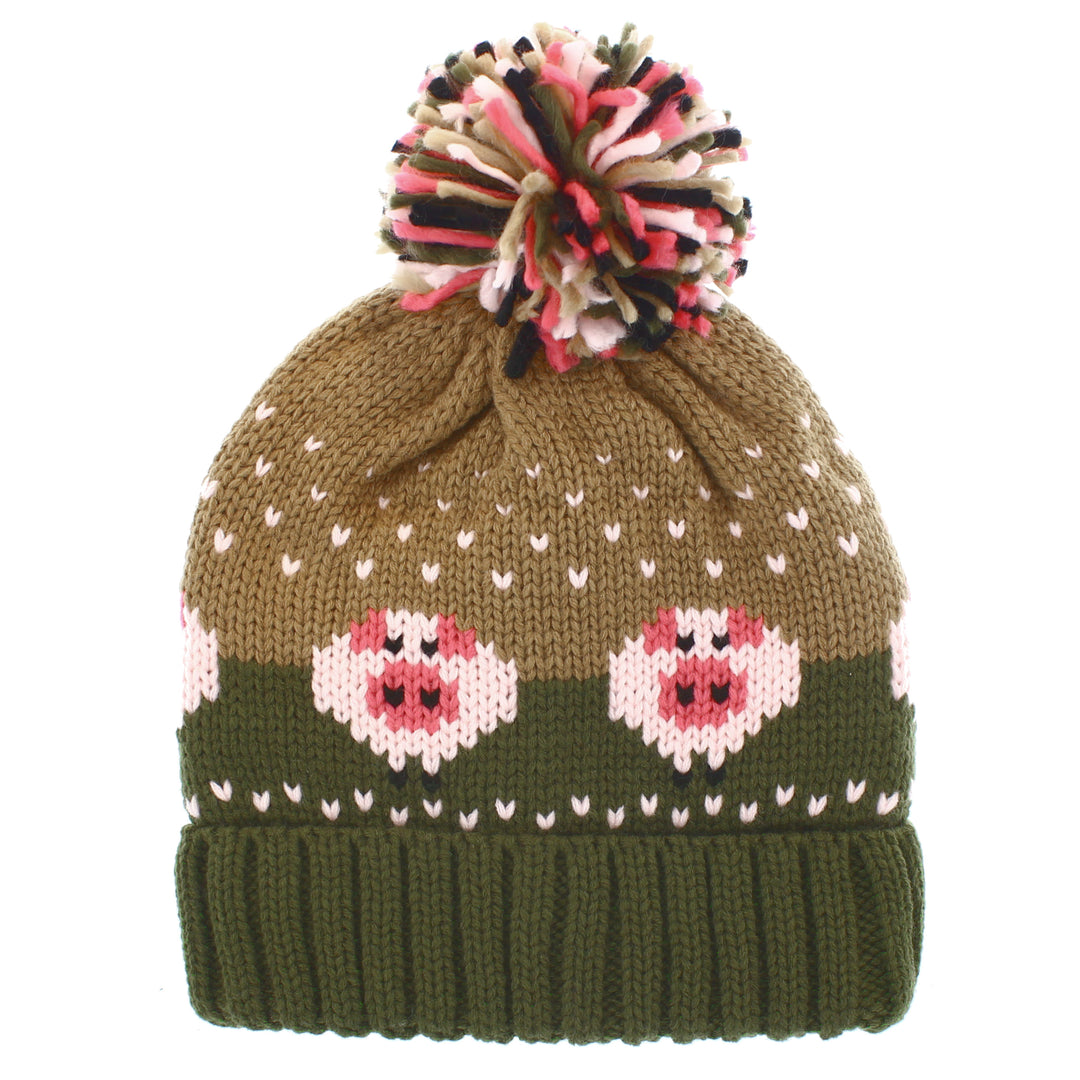Pig Bobble Hat Green/Beige