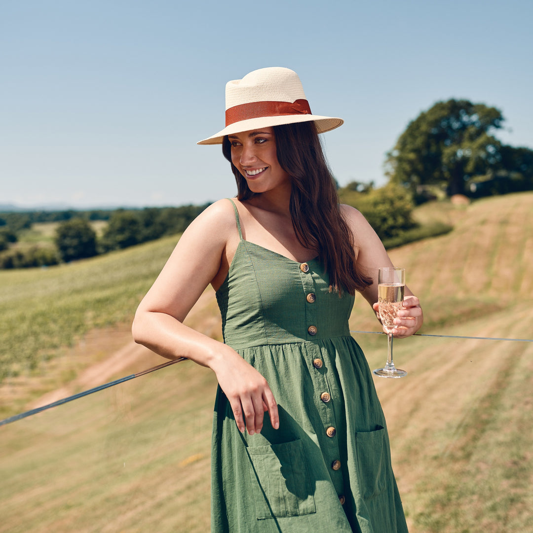 Failsworth Ladies Florence Panama Hat With Rust Ribbon Band