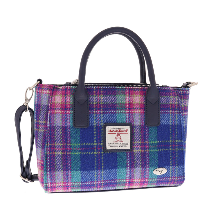 Glen Appin Harris Tweed Brora Tote Handbag  Blue & Teal Tartan