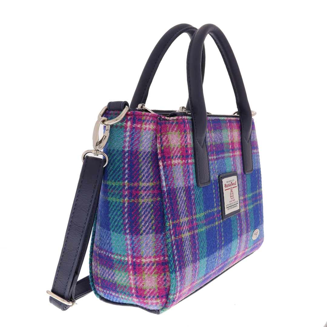 Glen Appin Harris Tweed Brora Tote Handbag  Blue & Teal Tartan