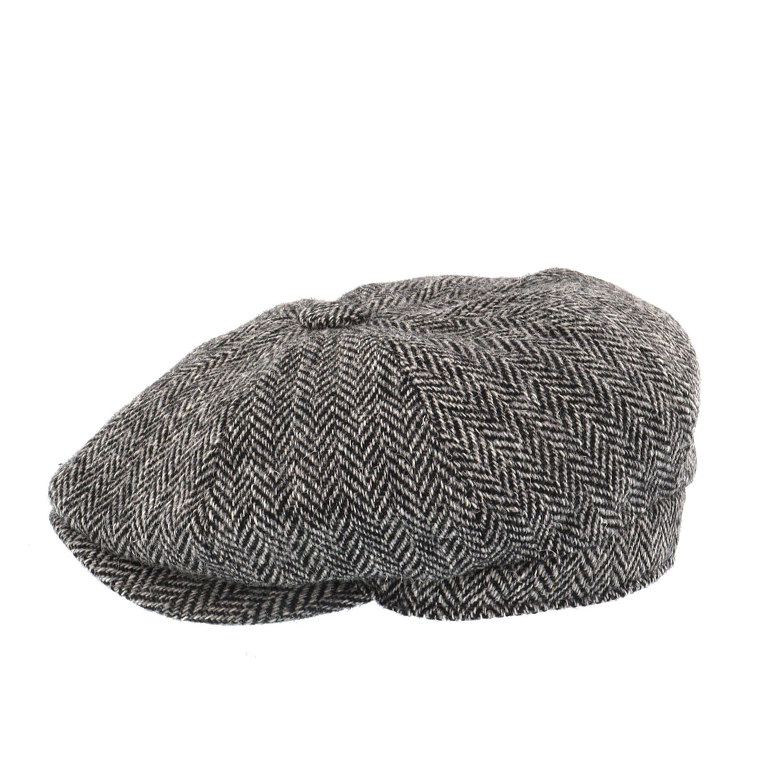 Glen Appin Harris Tweed Wool Shelby Bakerboy Cap Grey Herringbone