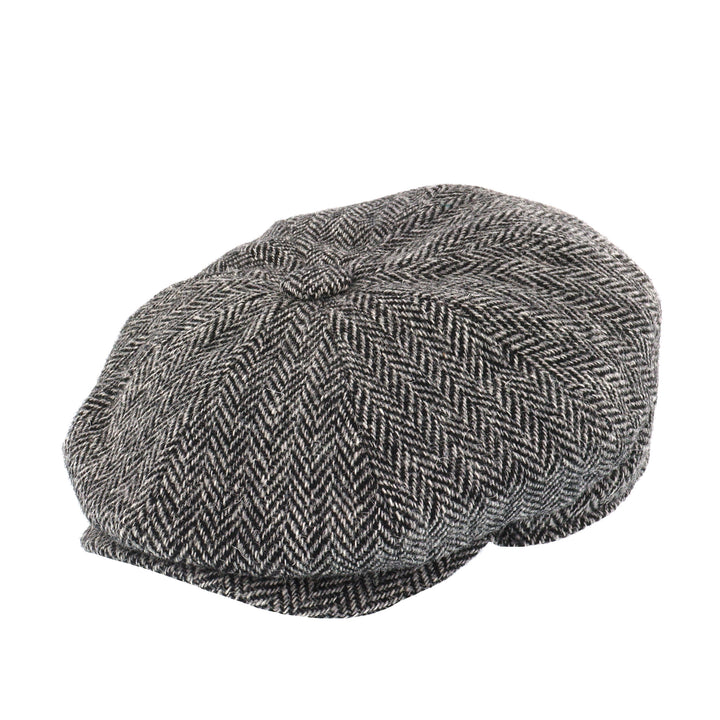Glen Appin Harris Tweed Wool Shelby Bakerboy Cap Grey Herringbone