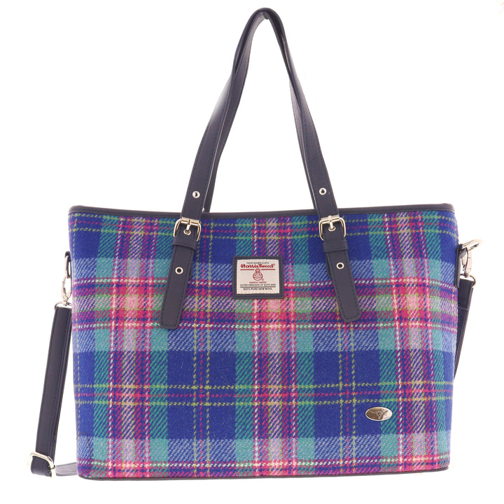 Glen Appin Harris Tweed Classic Spey Tote Handbag Blue & Teal Tartan
