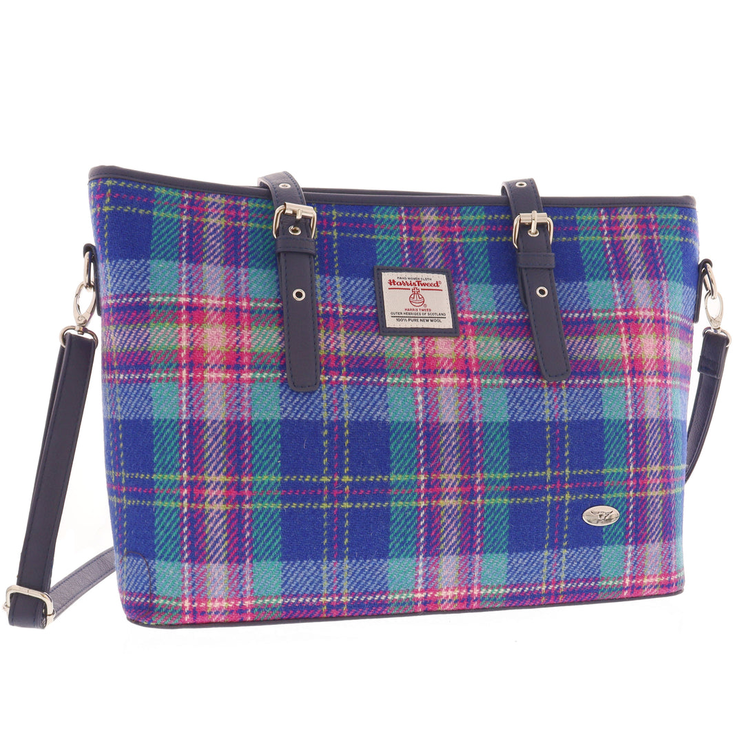 Glen Appin Harris Tweed Classic Spey Tote Handbag Blue & Teal Tartan