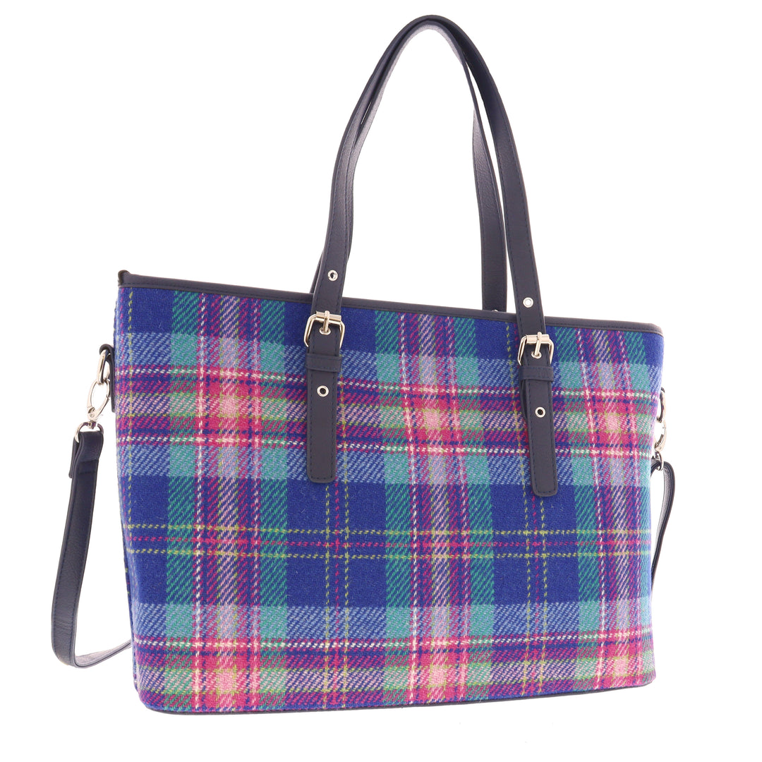 Glen Appin Harris Tweed Classic Spey Tote Handbag Blue & Teal Tartan