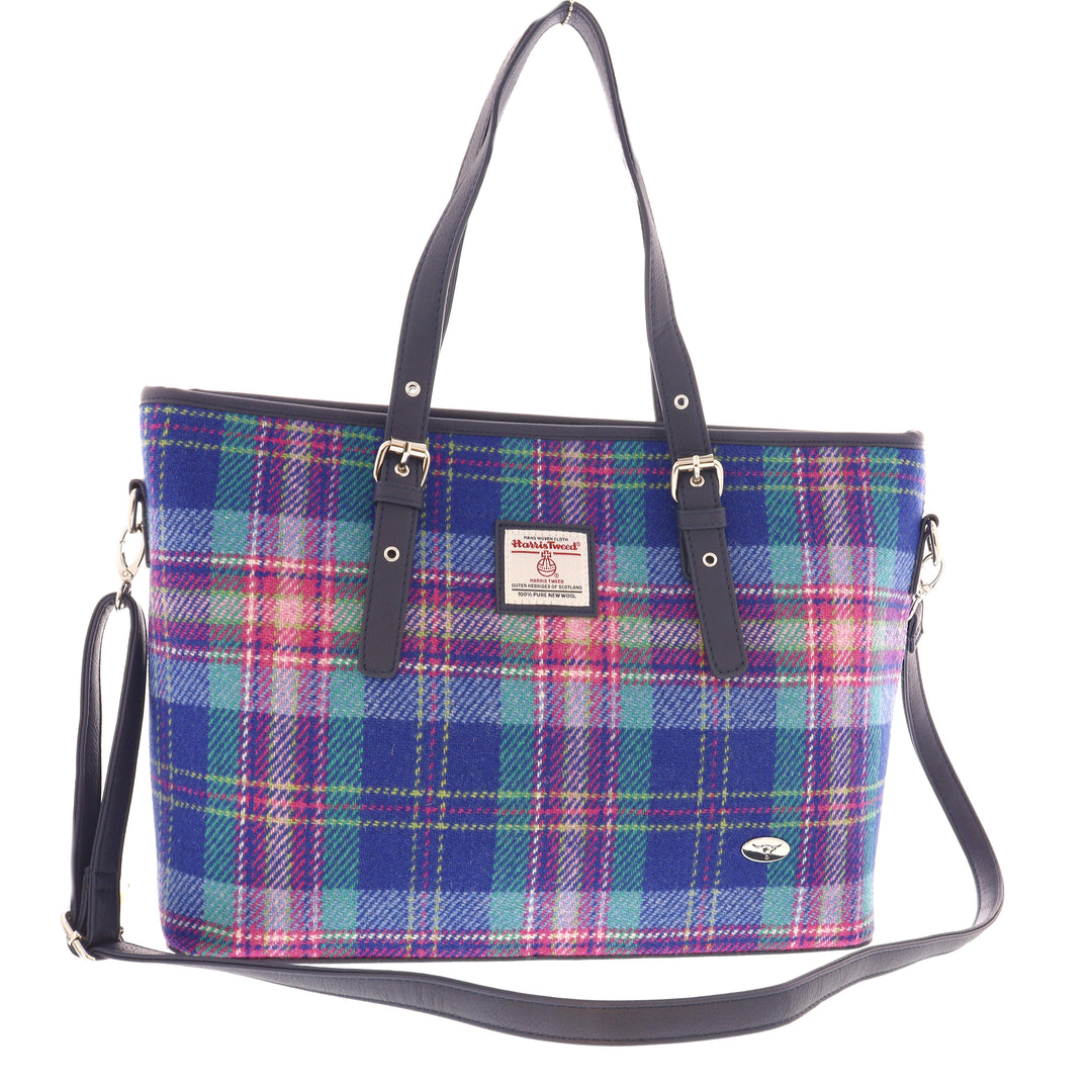Glen Appin Harris Tweed Classic Spey Tote Handbag Blue & Teal Tartan