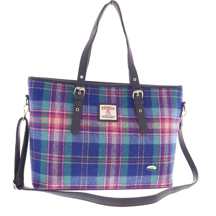 Glen Appin Harris Tweed Classic Spey Tote Handbag Blue & Teal Tartan