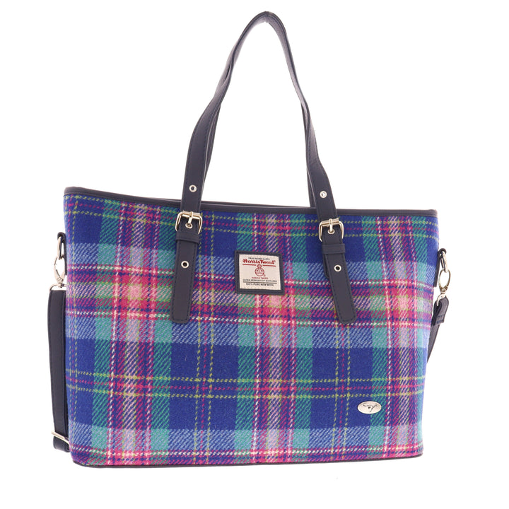 Glen Appin Harris Tweed Classic Spey Tote Handbag Blue & Teal Tartan