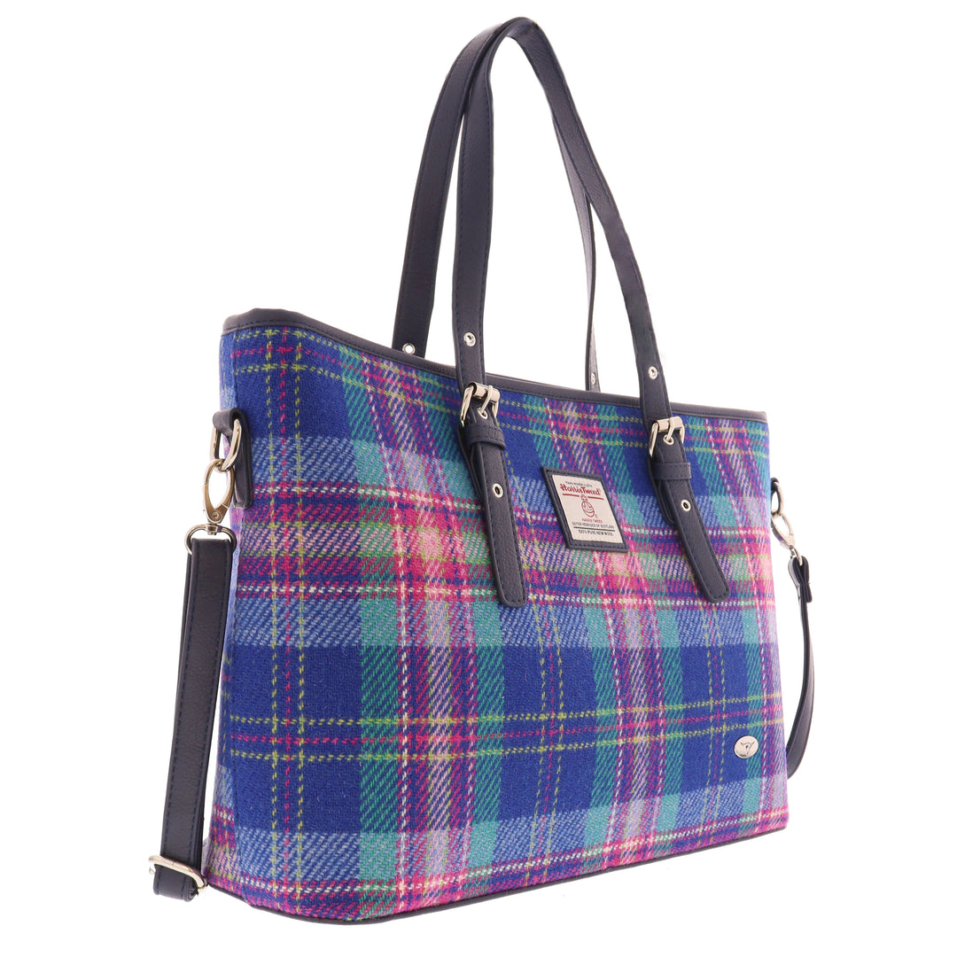 Glen Appin Harris Tweed Classic Spey Tote Handbag Blue & Teal Tartan