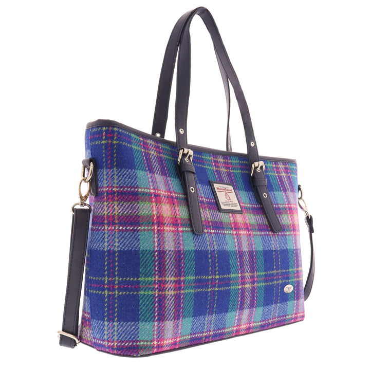 Glen Appin Harris Tweed Classic Spey Tote Handbag Blue & Teal Tartan